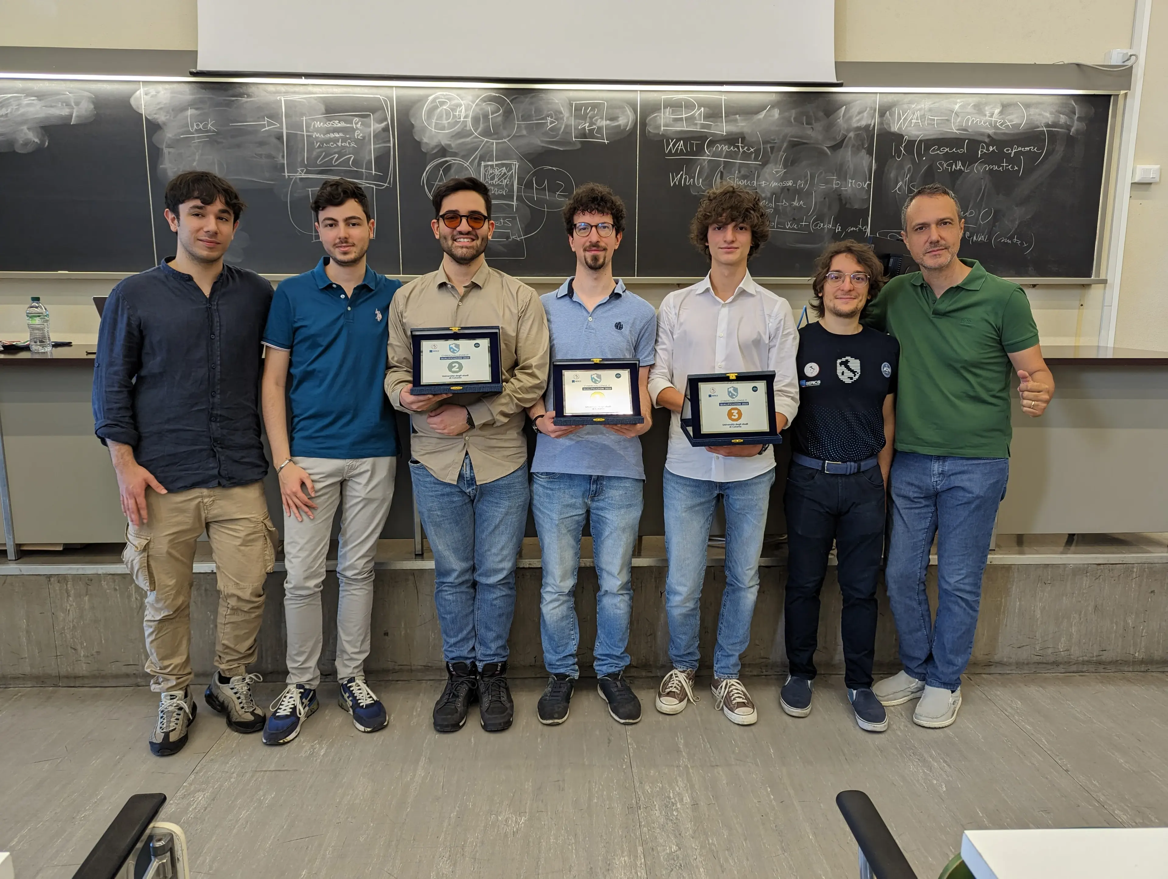 Da sinistra a destra: Andrea Maugeri (tutor), Simone Benedetto (tutor), Mattia Lembo (secondo classificato), Ernesto Casablanca (primo classificato), Matteo Capodicasa (terzo classificato), Marcello Maugeri (tutor), Giampaolo Bella (professore)